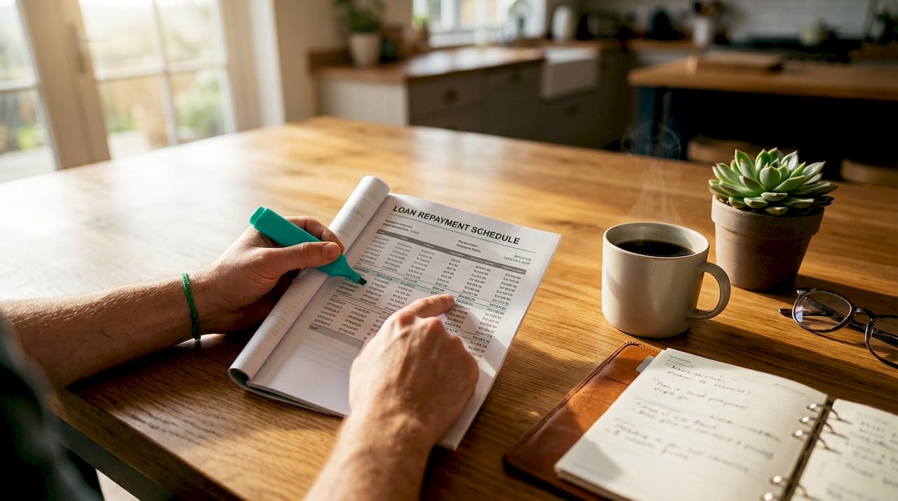 Hands pointing at loan repayment schedule pages