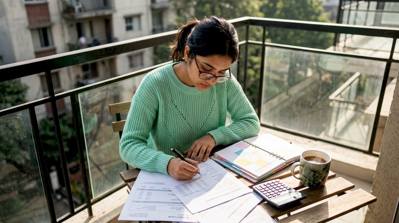 Young woman reviewing student loan statements at kitchen table