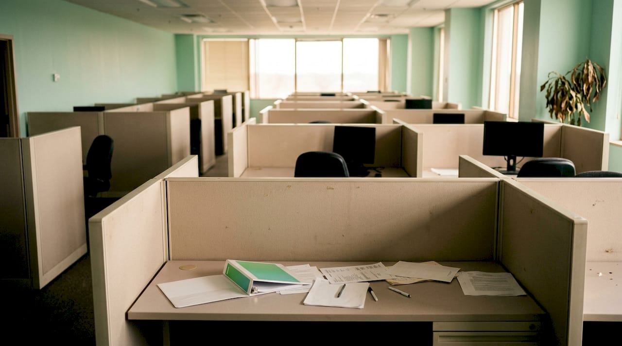 Empty government office desks symbolizing workforce decline