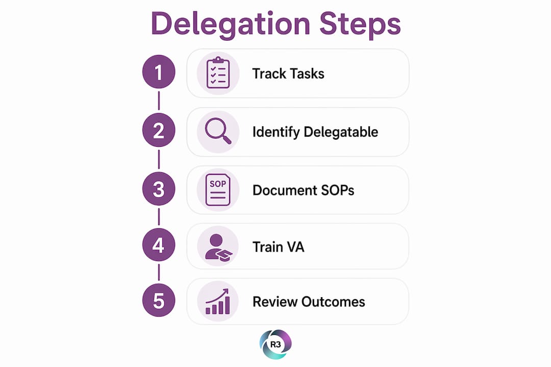 Infographic showing five delegation steps for virtual assistants