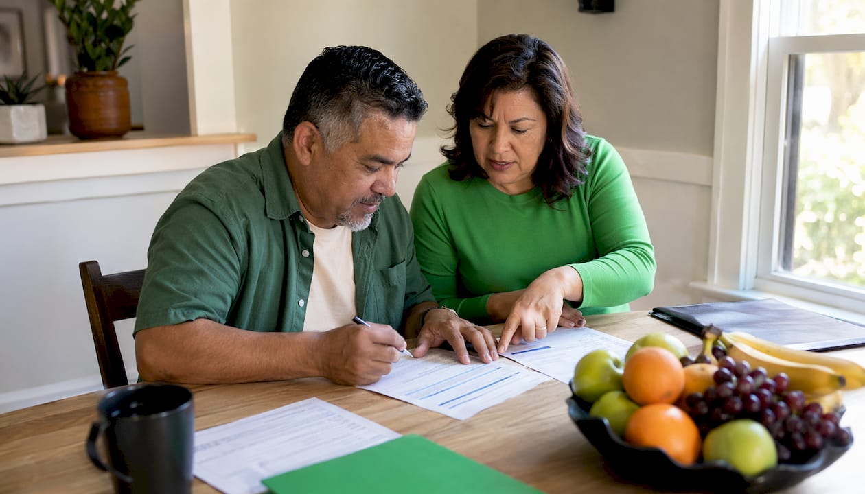 Hands filling out loan enrollment paperwork on desk