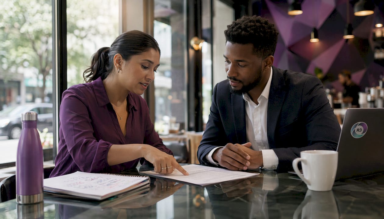 Small business owners discussing outsourcing contract