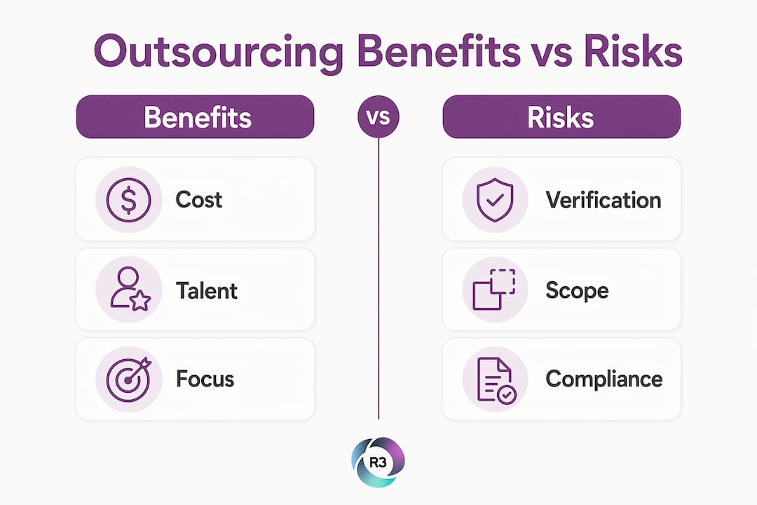 Infographic comparing outsourcing benefits and risks in business