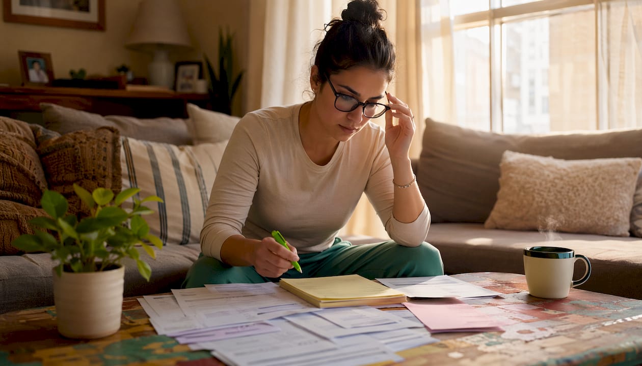 Woman reviewing student loan documents at table