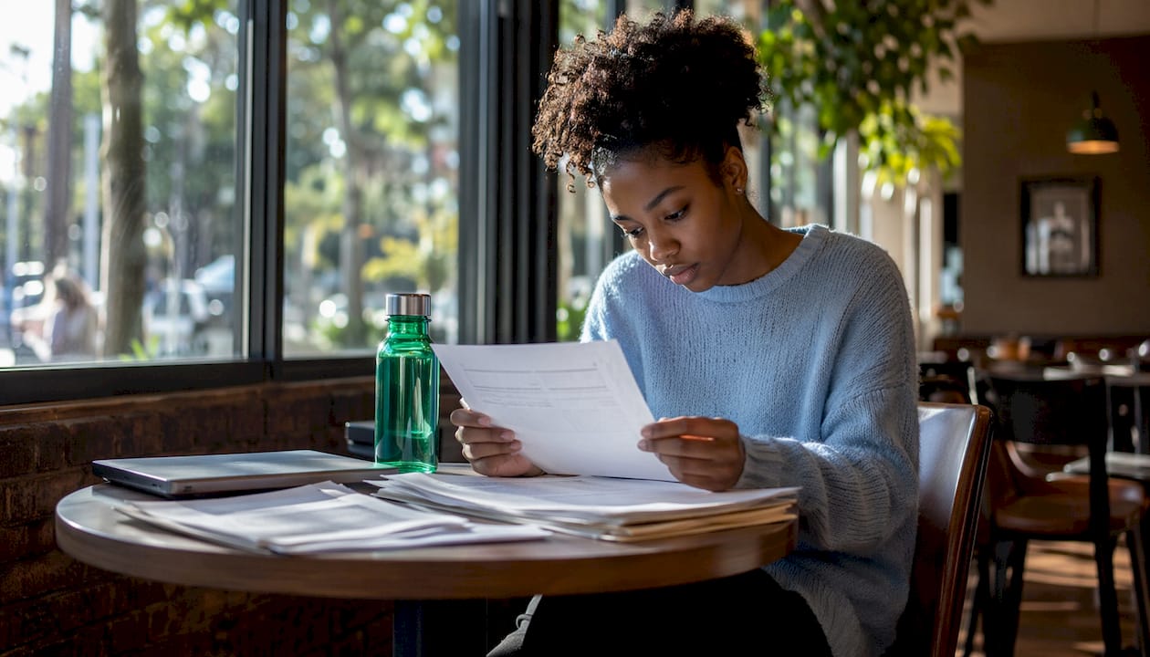 Student reviewing financial aid documents at home desk