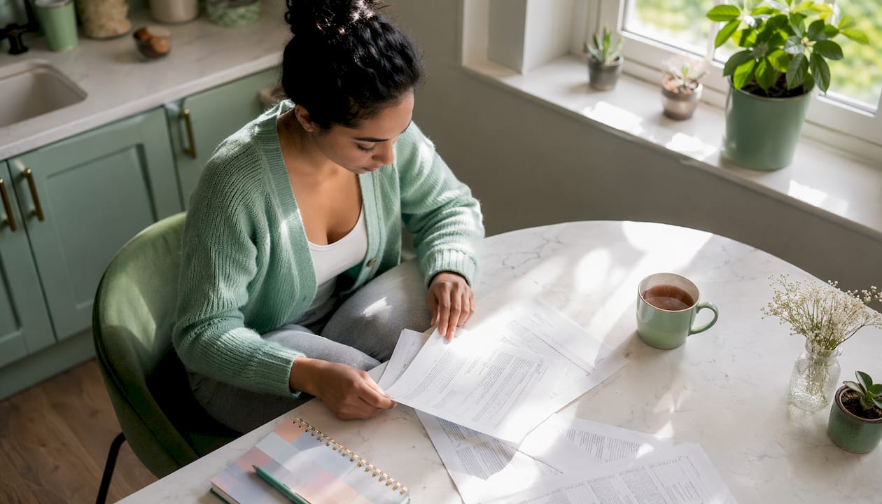 Young woman reviewing loan documents at home