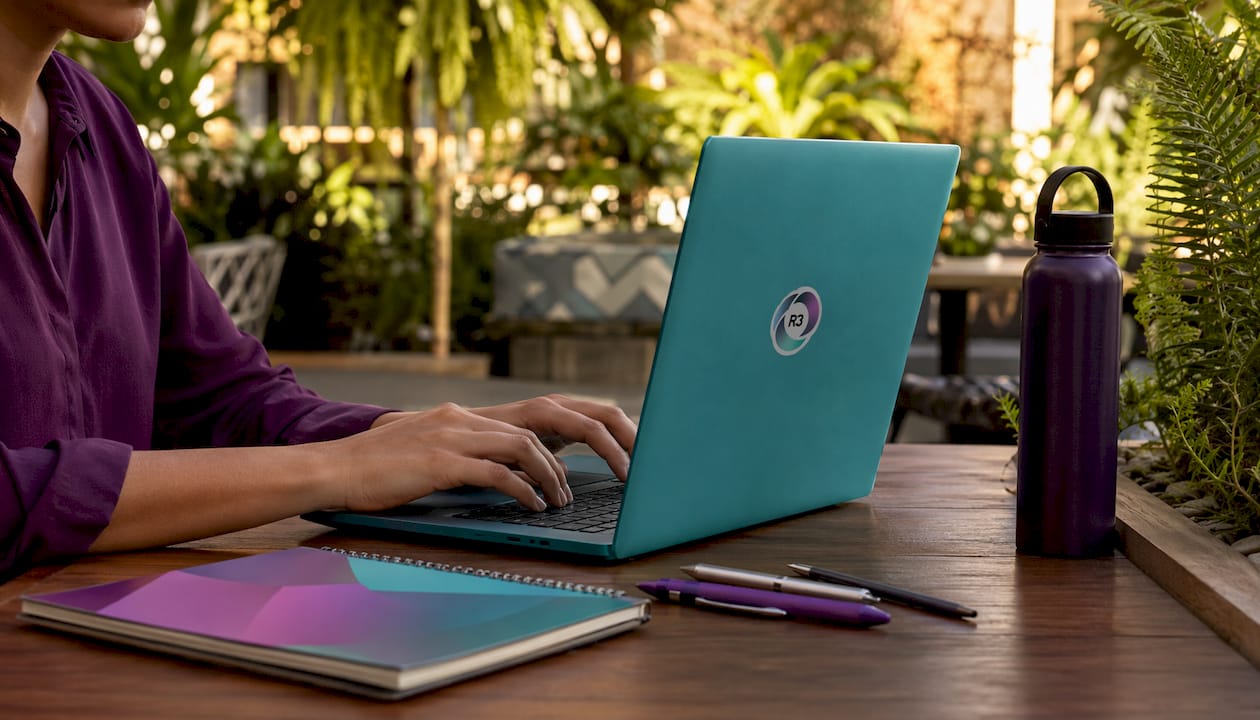 Hands typing on laptop in coworking space
