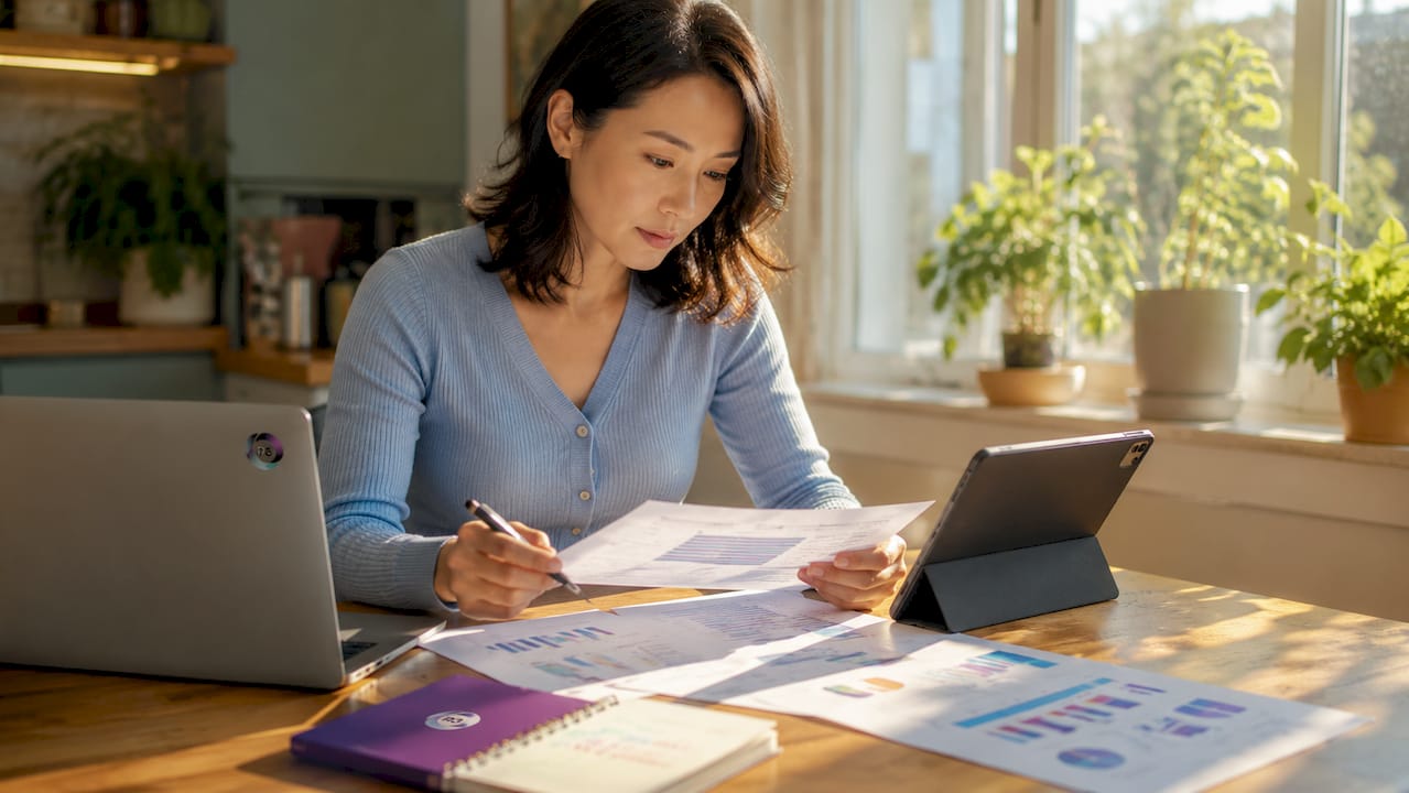 Woman reviewing virtual assistant cost charts