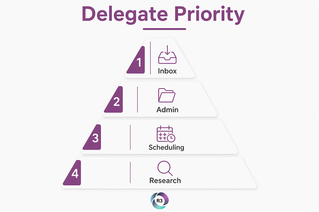 Hierarchy pyramid infographic of priority delegation tasks