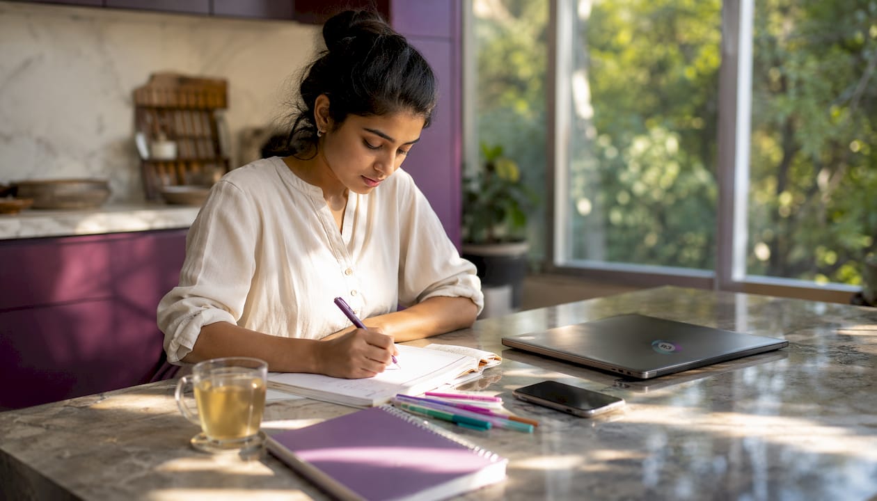 Woman planning tasks at home desk