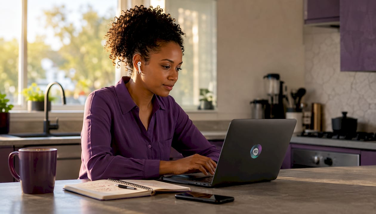 Woman in coworking space managing email tasks