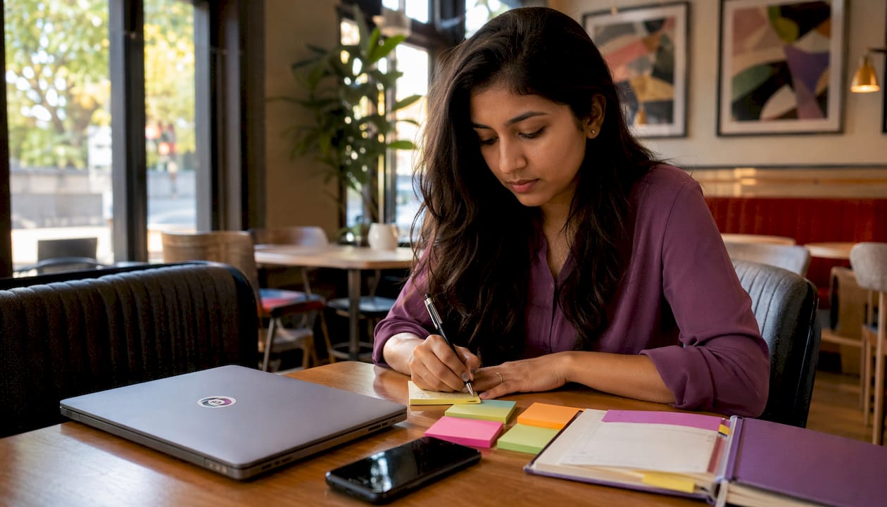 Small business owner organizing tasks at desk