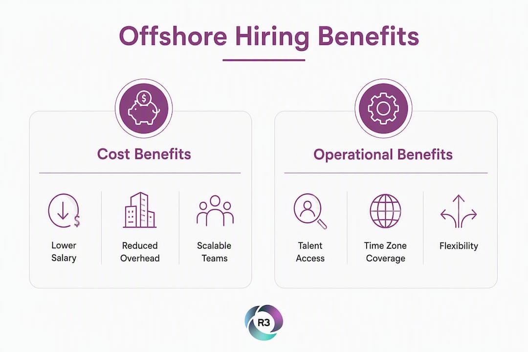 Infographic comparing offshore hiring benefits categories