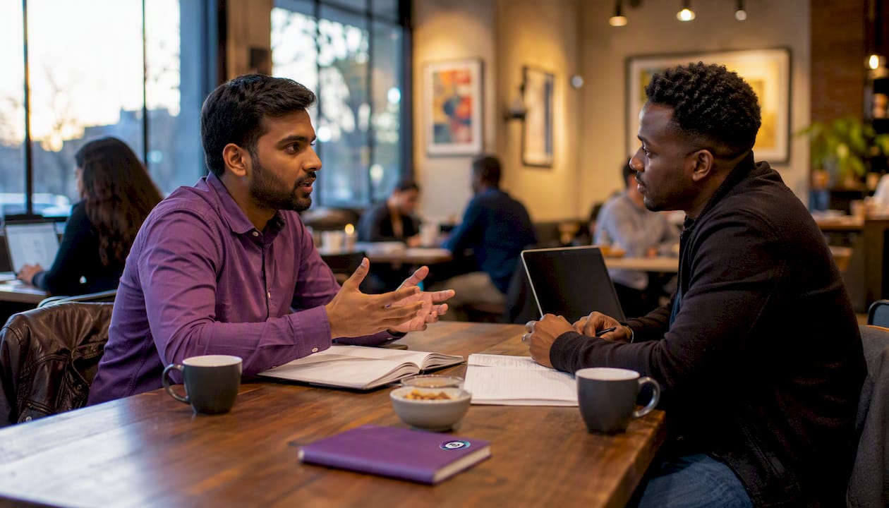Two men discussing hiring models in coworking space