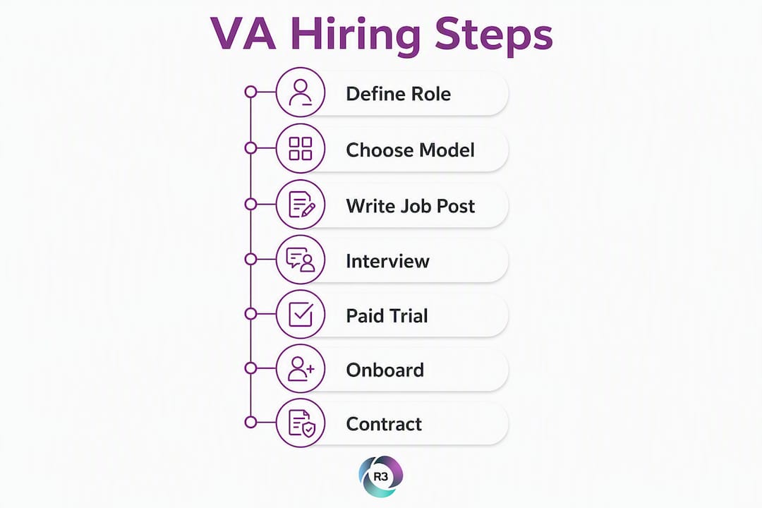 Infographic depicting steps to hire a virtual assistant