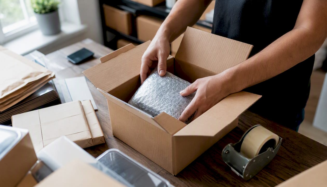 Hands packing e-commerce order box