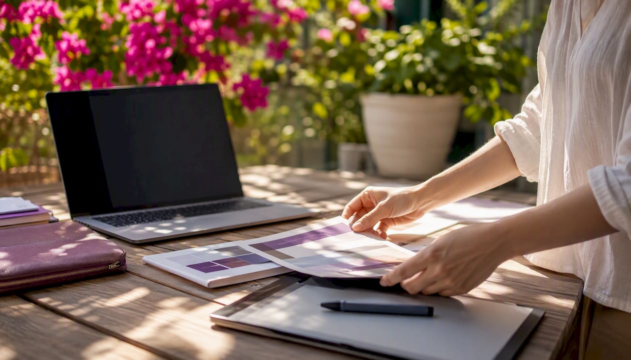 Hands arranging marketing materials on desk