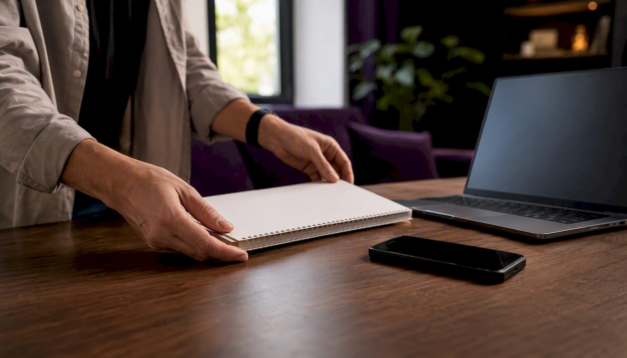 Hands arranging offshore assistant hiring workspace