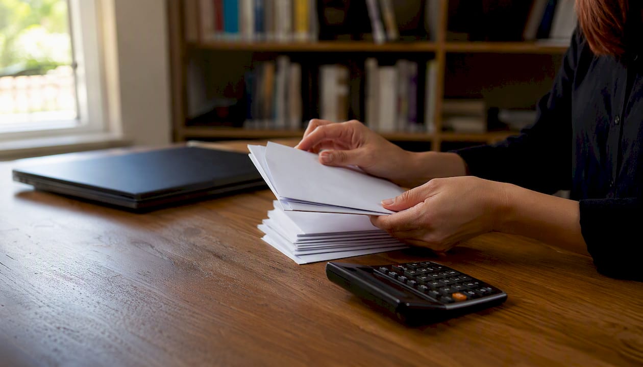 Hands sorting invoices in a home office