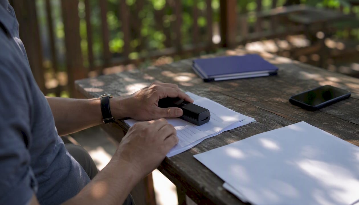 Hands scanning invoices at a professional desk