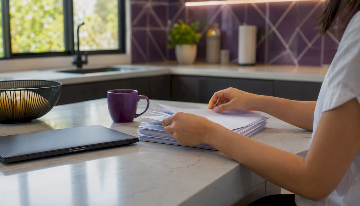 Hands arranging documents at virtual assistant workspace