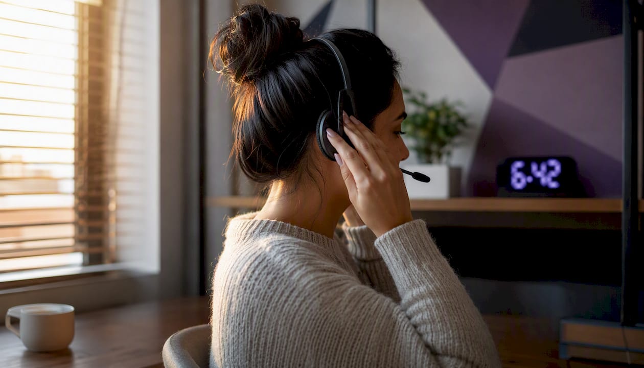 Hands preparing headset at early morning workspace