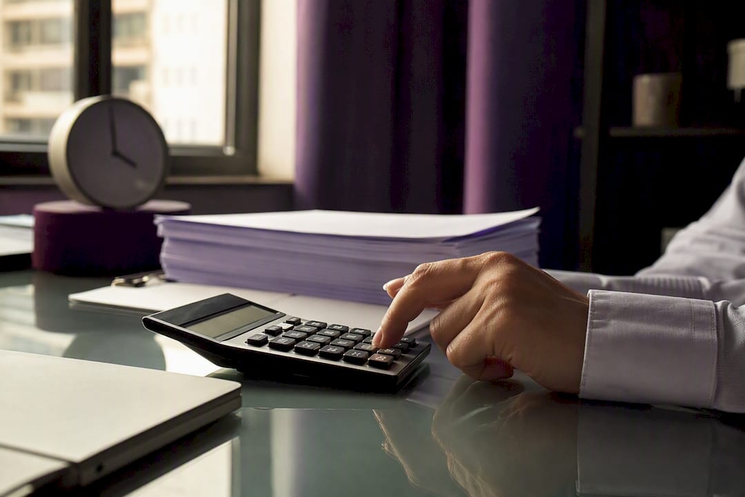Hands calculating payroll on calculator