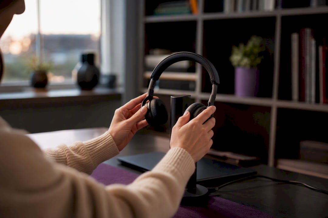 Hands placing headset on charging stand