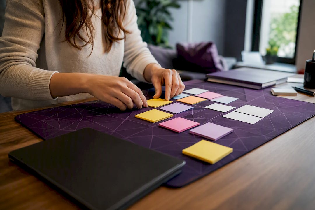 Hands organizing marketing content scheduling notes