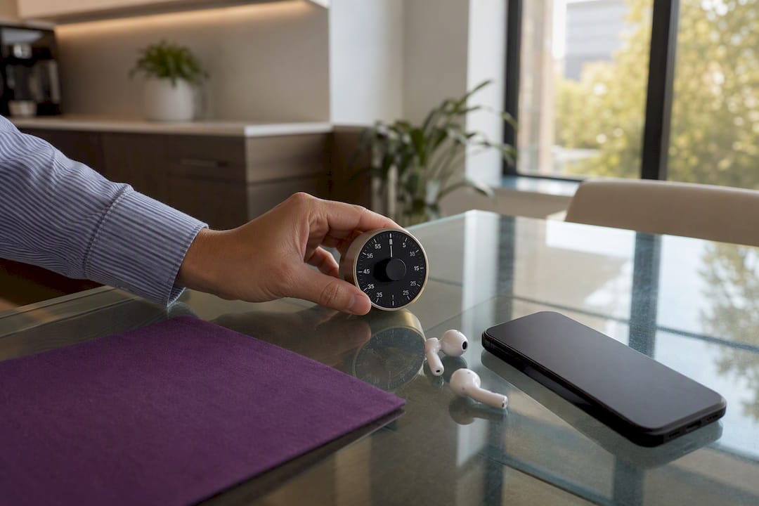 Hand setting analog timer on wood desk