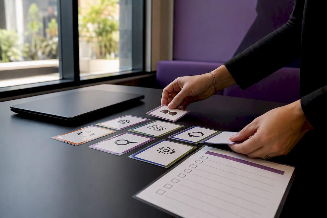 Hands arranging training process cards
