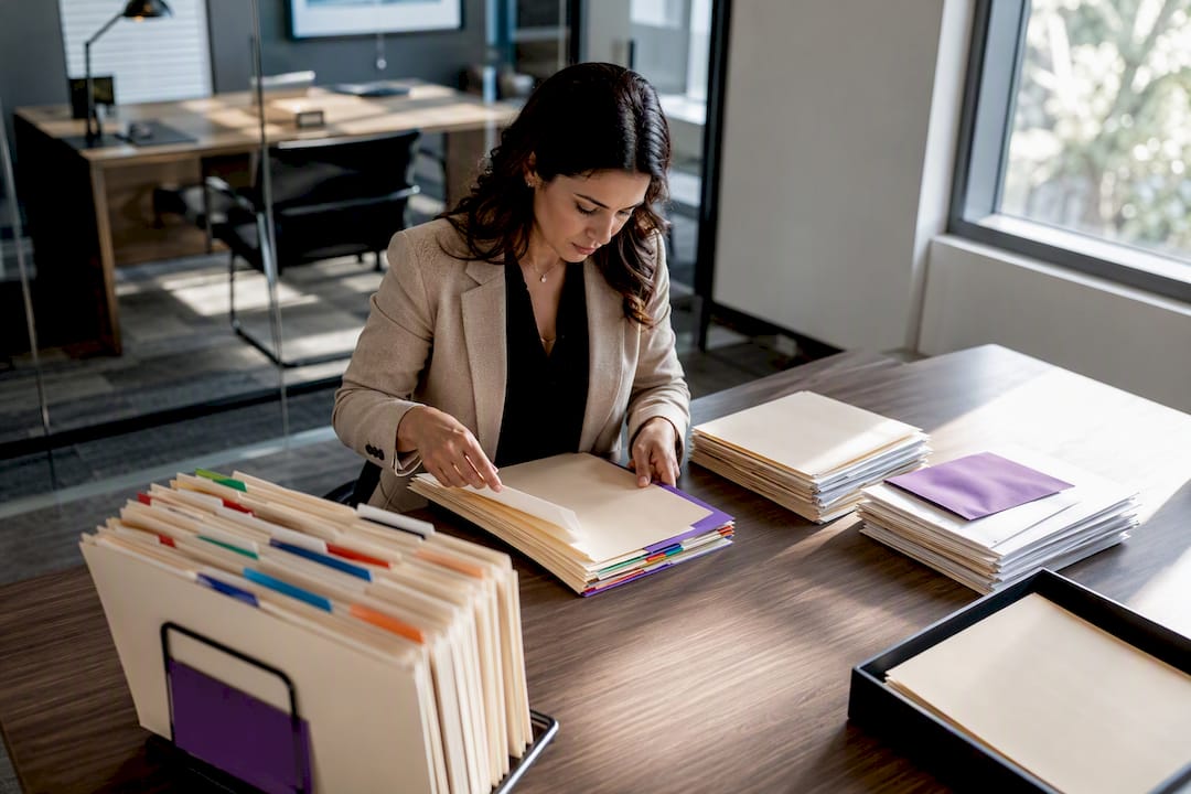 Legal specialist organizing supervised case files