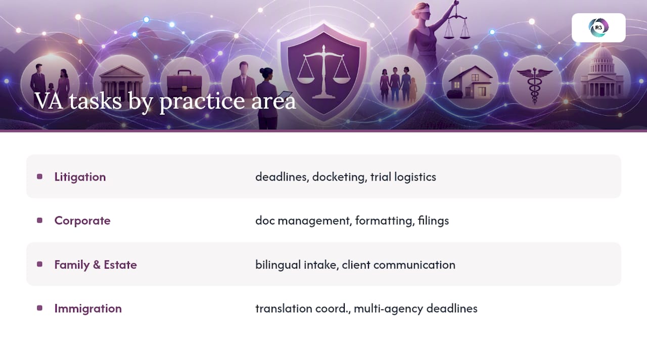 How Legal VA Tasks Differ by Practice Area — overview diagram