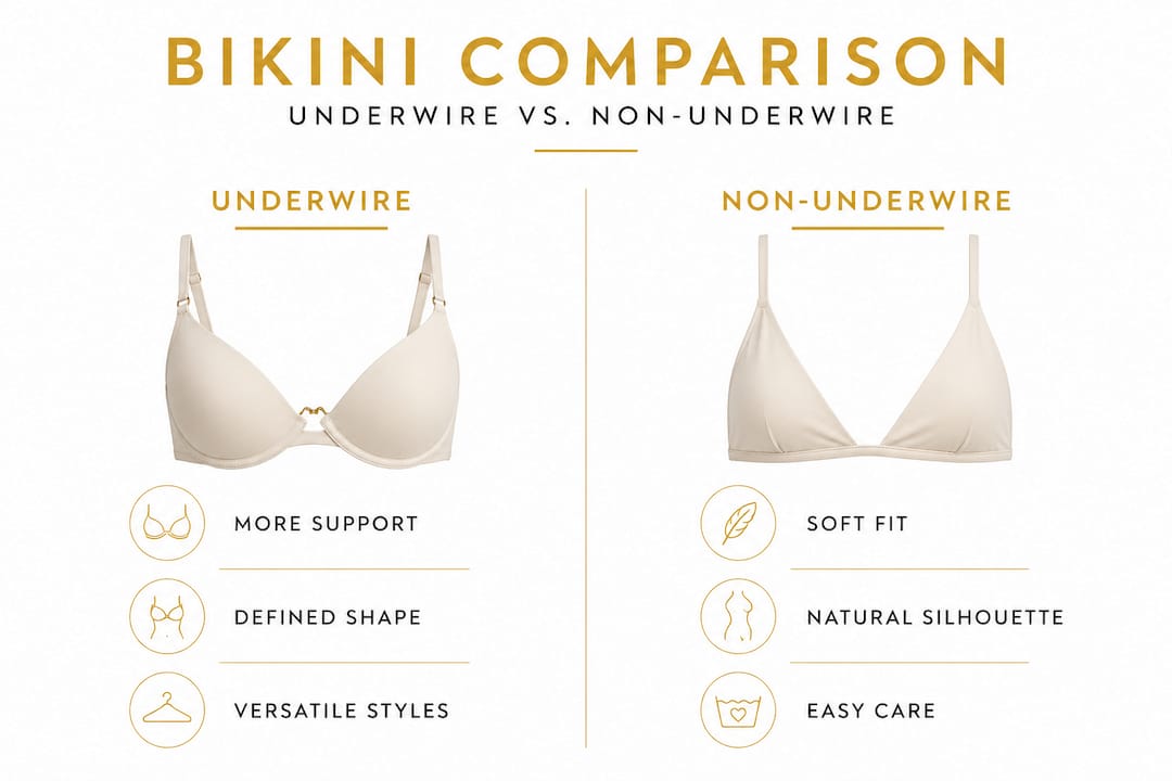 Infographic comparing underwire and non-underwire bikinis