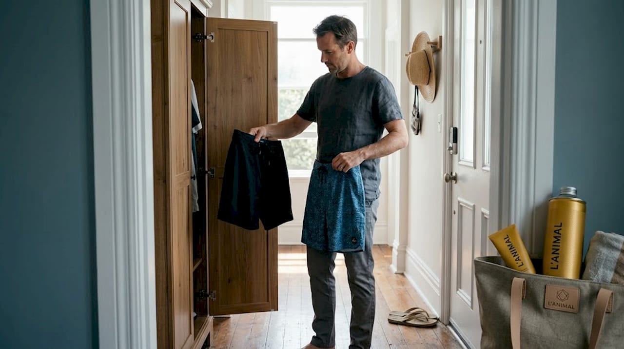 Man choosing between two pairs of board shorts