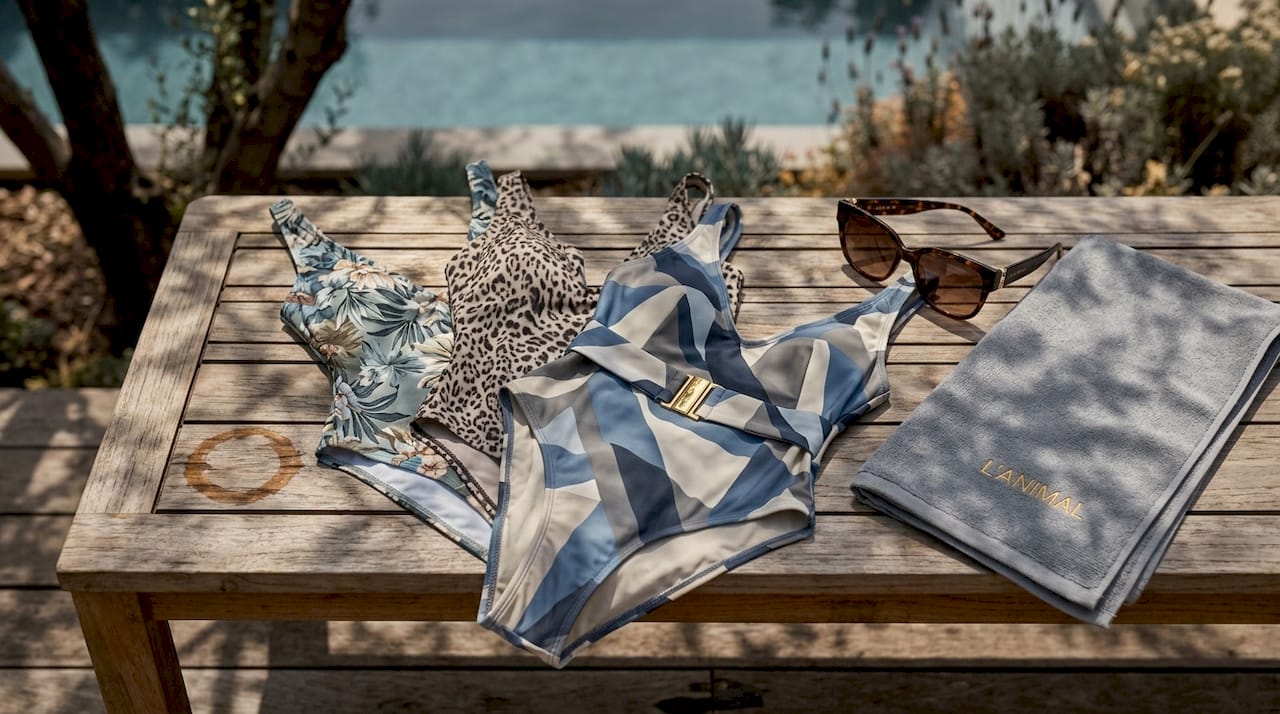 Colorful bathing suits with bold prints by pool