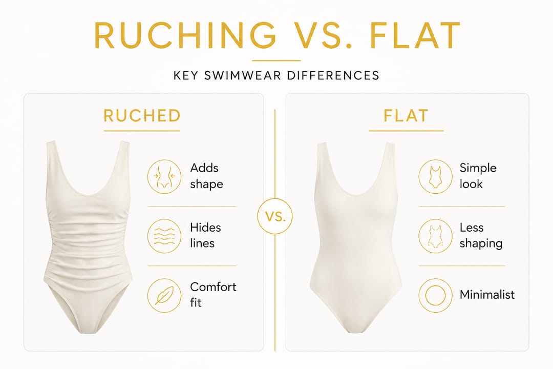 Infographic comparing ruched and flat bikini styles