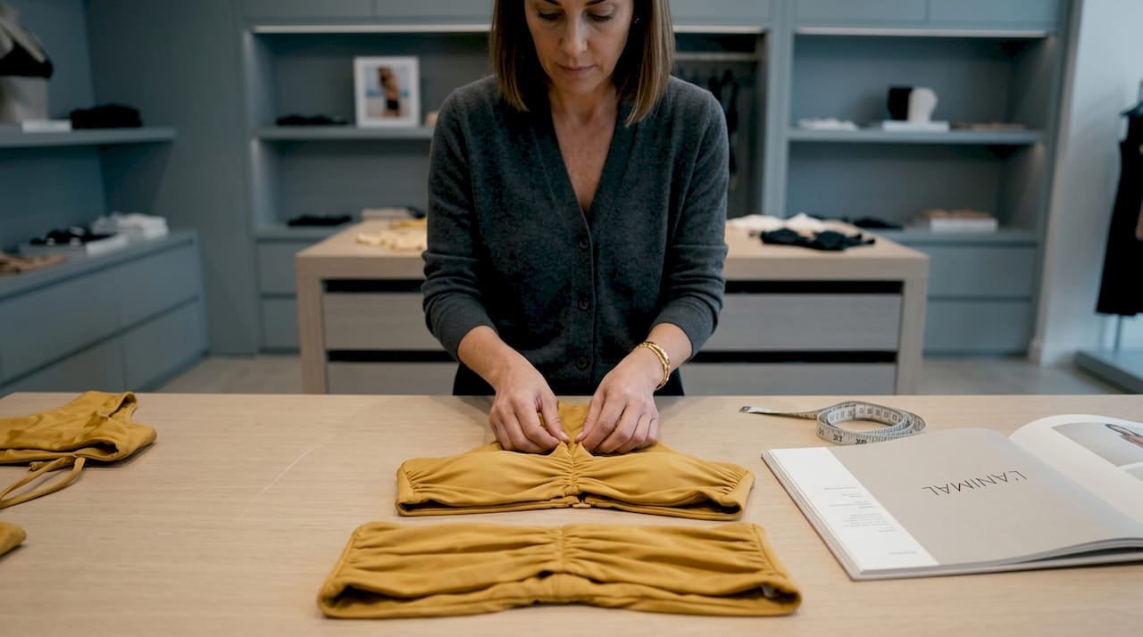 Sales associate arranging ruched bikini bottoms