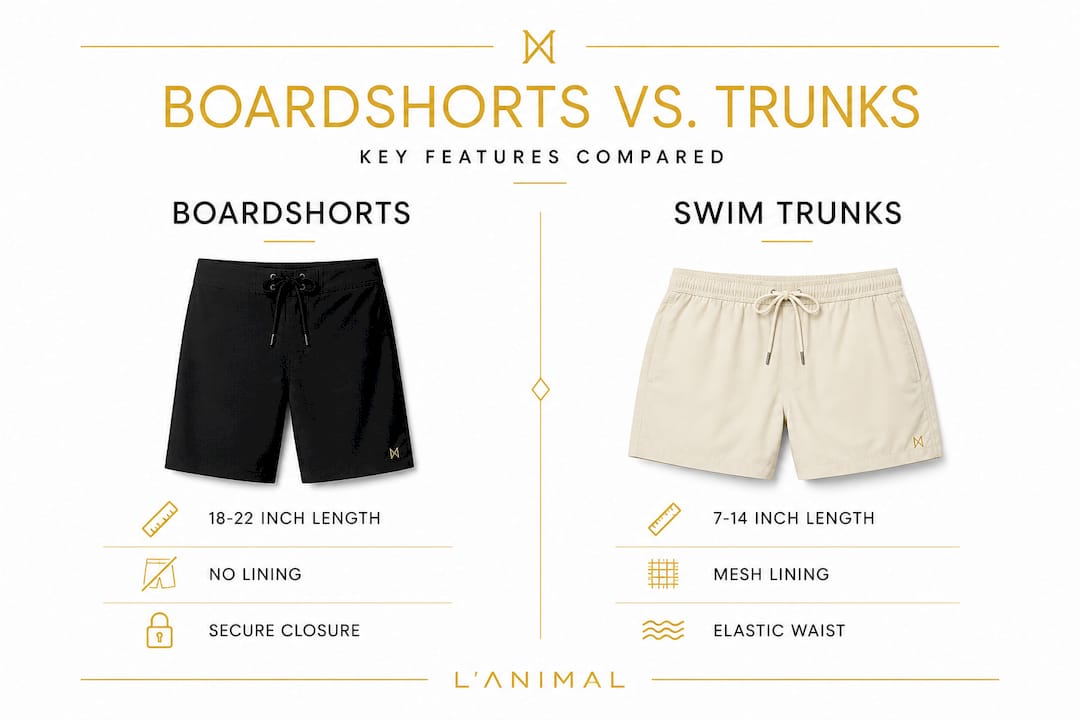 Infographic comparing boardshorts and swim trunks features