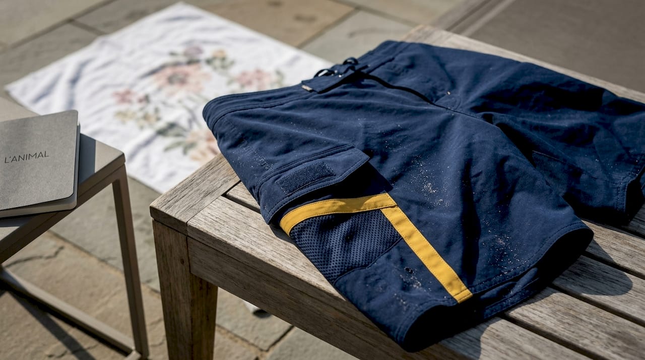 Boardshort pocket with drainage mesh detail