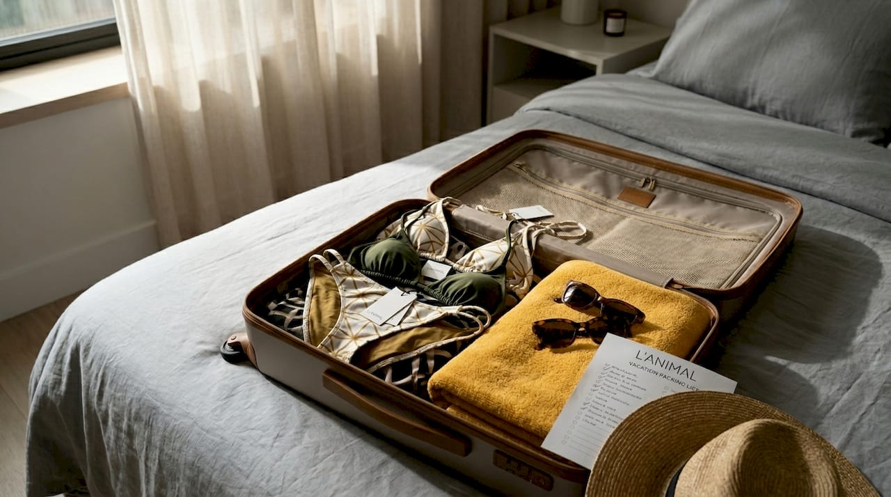 Open suitcase with assorted bikini styles