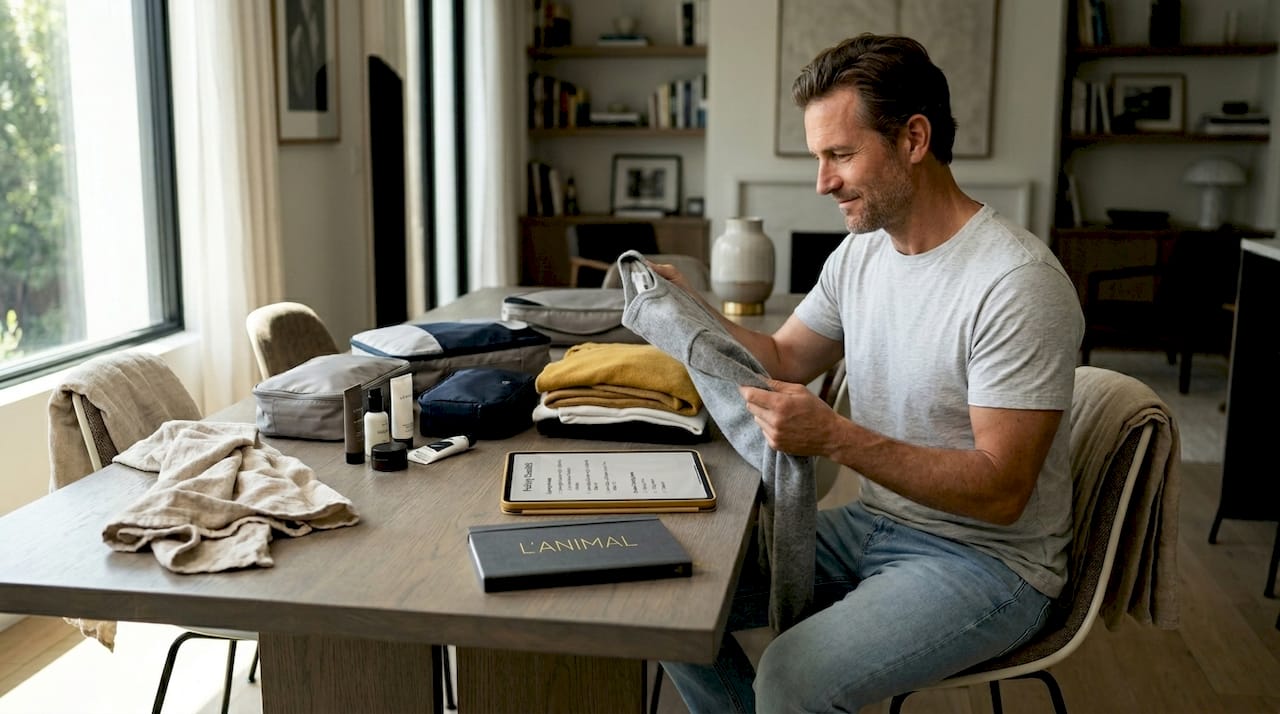 Man planning layers for travel packing