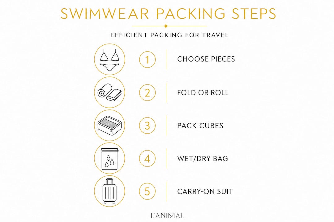 Infographic showing step-by-step swimwear packing