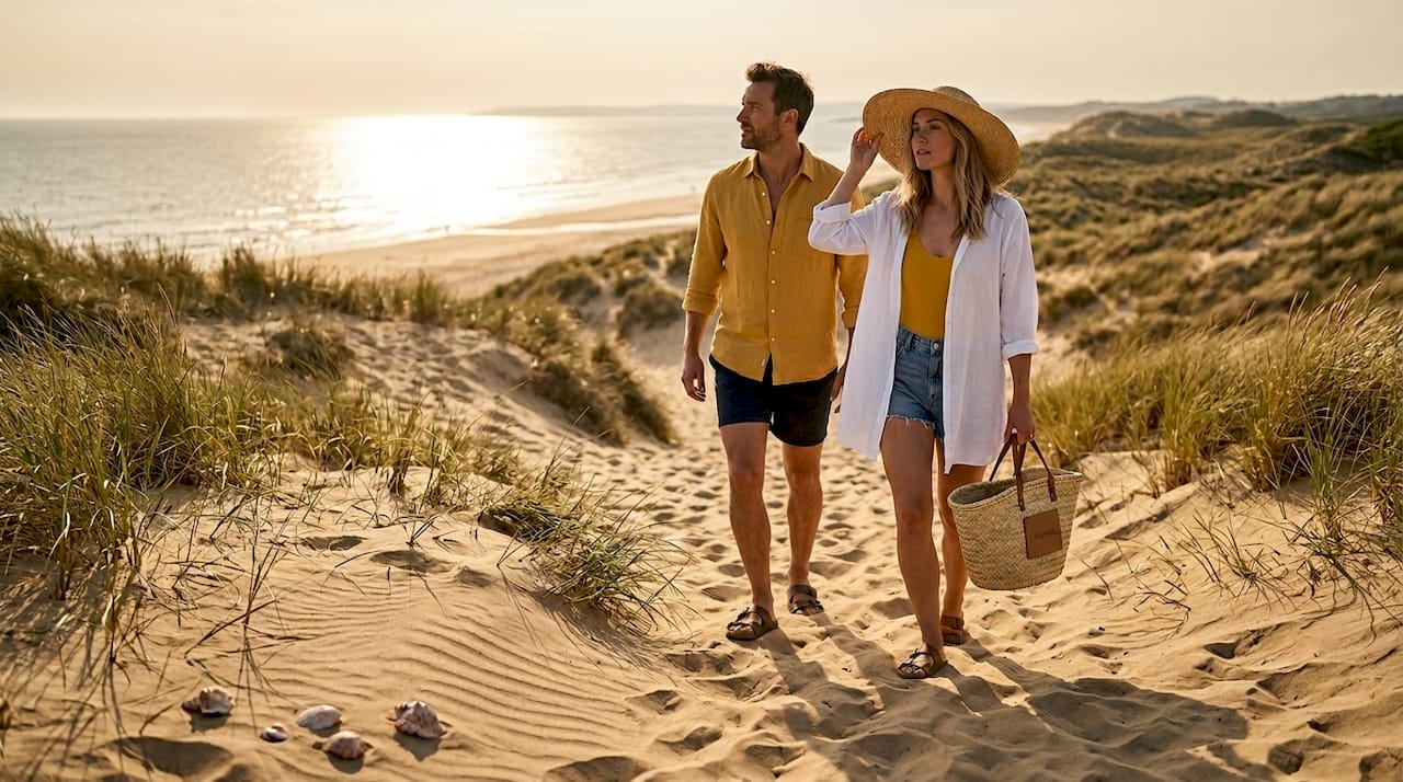 Couple in layered beachwear walking to beach