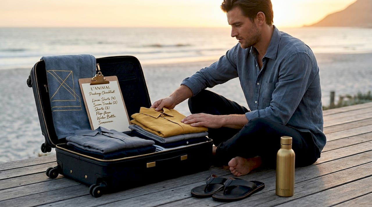 Man sorting beach outfits for suitcase