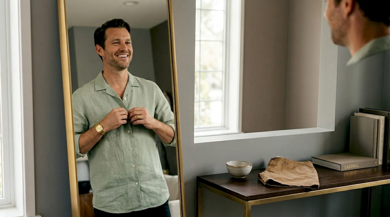 Man fitting linen camp collar shirt
