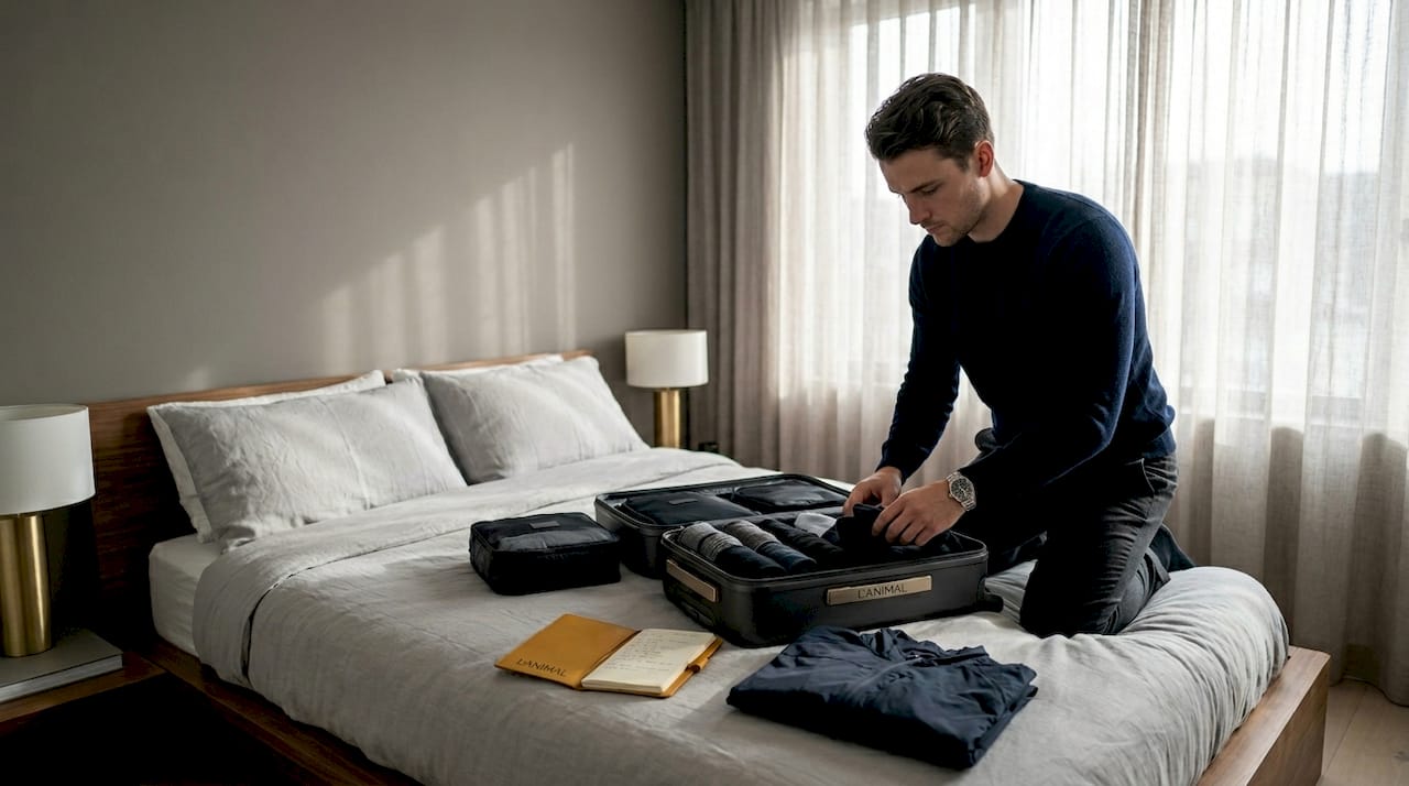 Traveler using packing cubes for suitcase organization