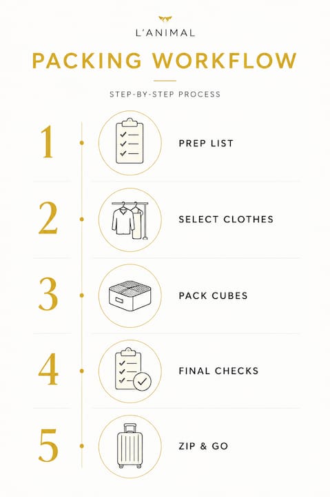 Infographic illustrating step-by-step packing workflow