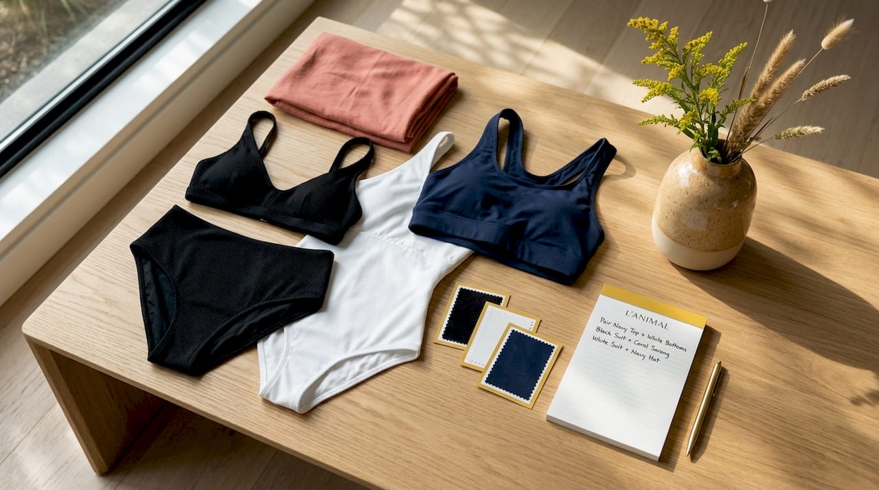 Swimsuits and color swatches flat lay