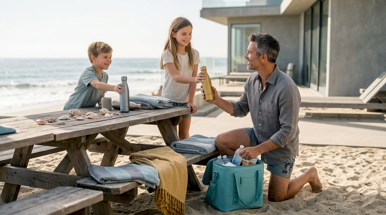 Family packs cooler with water and snacks